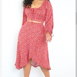 Rebdolls "Tied Up" Ruffled Floral Midi Skirt + Drawstring Crop Top. Size Large